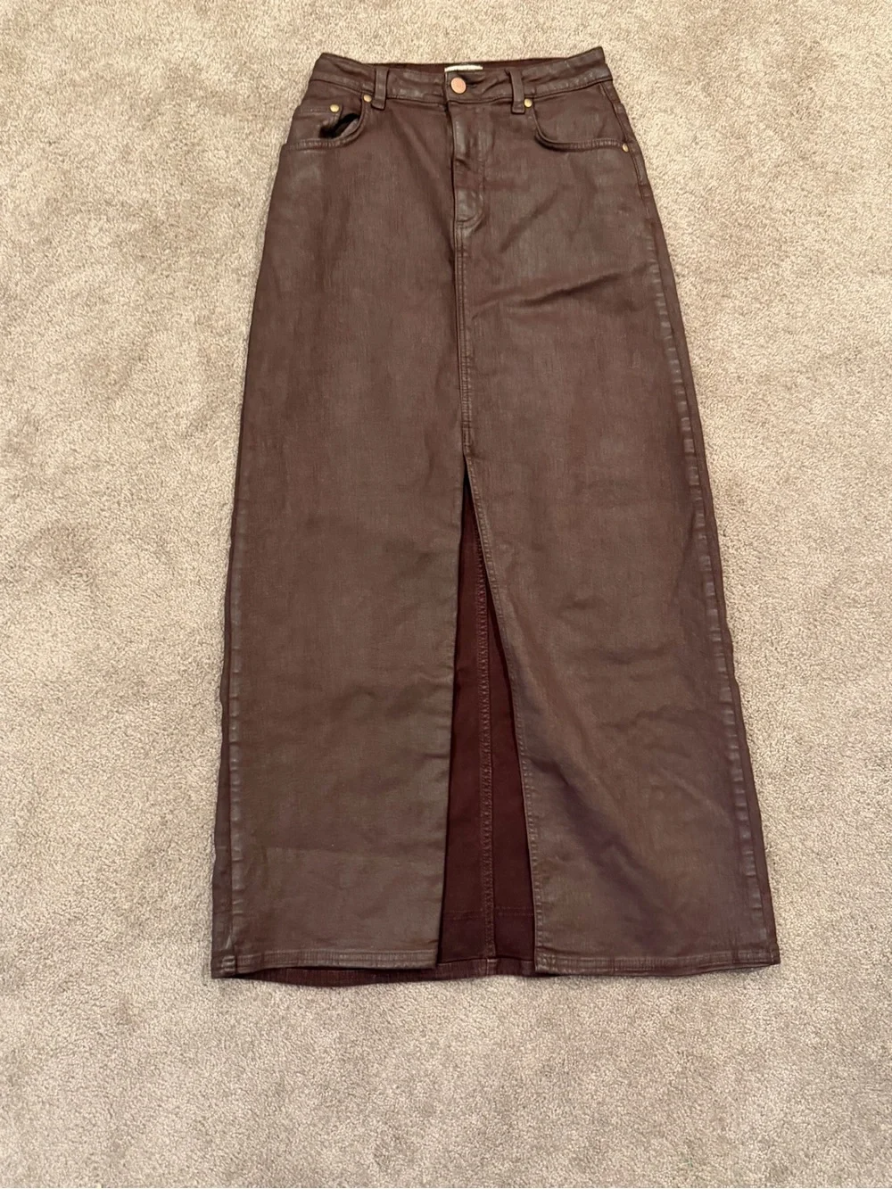 Pilcro Anthropologie Brown Coated Denim Maxi Skirt Size 6 - Picture 2 of 8